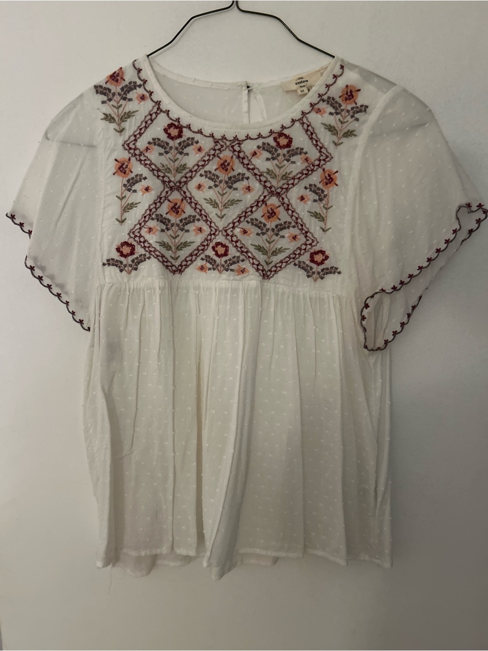 entro White Swiss Dot Peasant Blouse with Multicolor Floral Embroidery